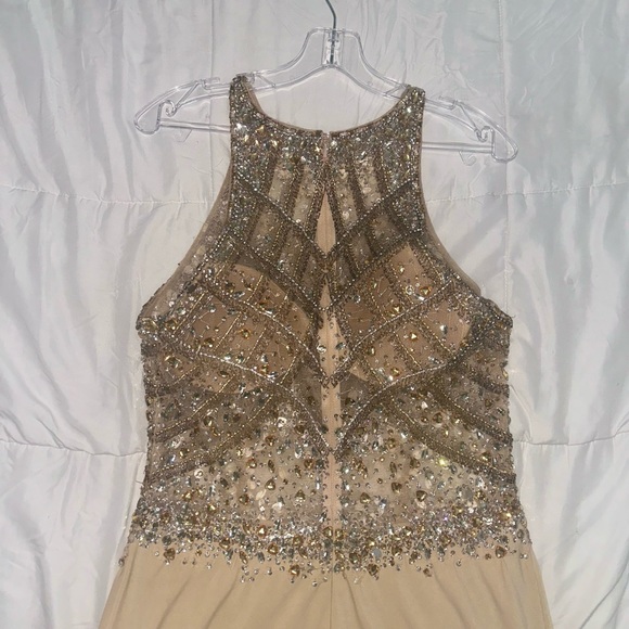 PROM DRESS- Beaded champagne floor length gown with knee high slit - Picture 5 of 5